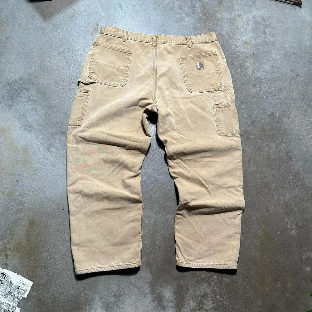 Vintage Carhartt Tan Blanket Flannel Lined Carpenter Pants Mens 42x30 Jeans - Picture 2 of 6